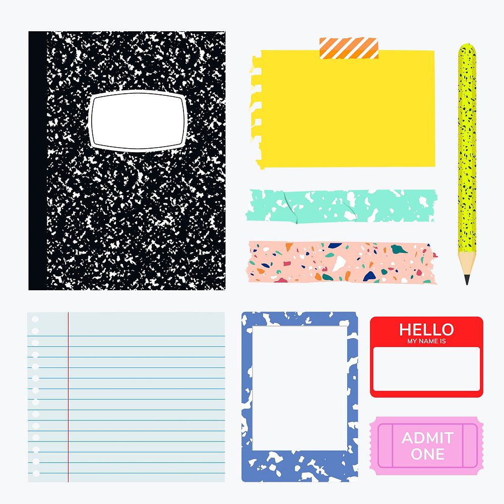 Terrazzo stationery set with sticker notes and pencil psd