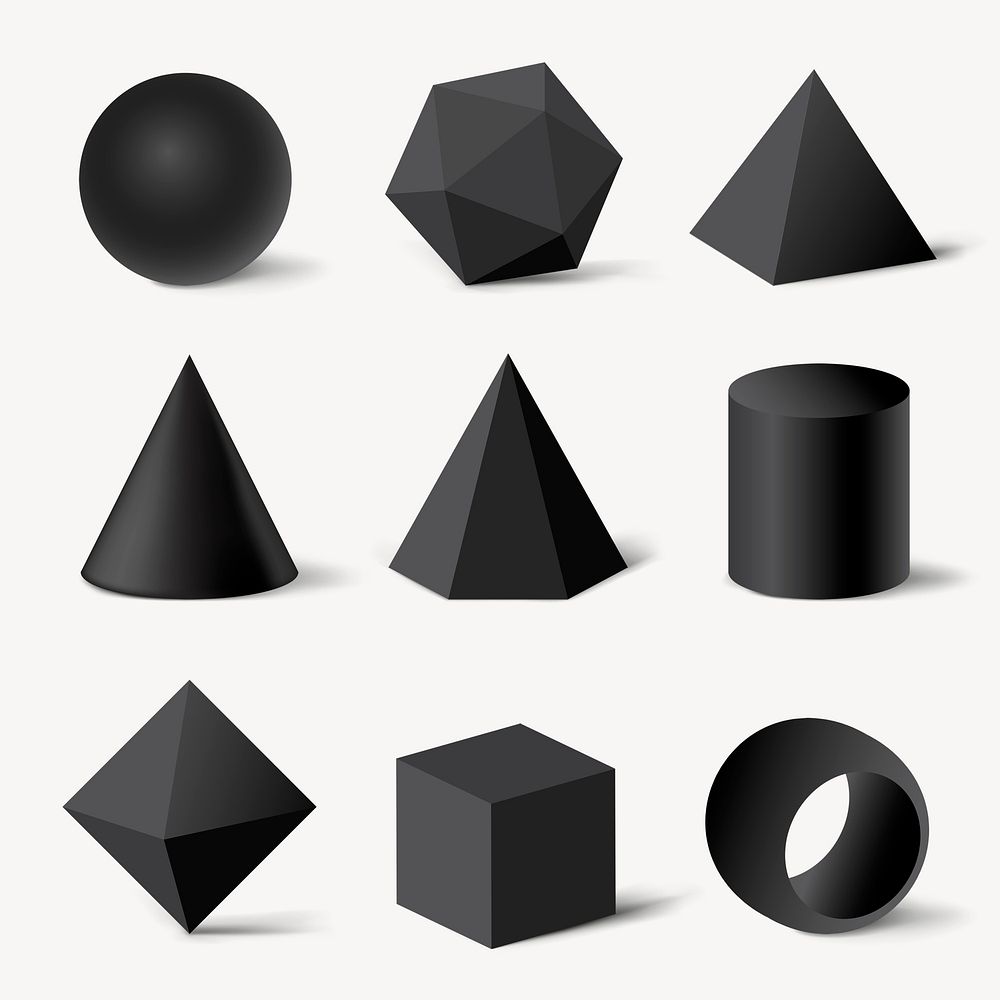 3D rendered geometrical shapes, black elements minimalist psd set