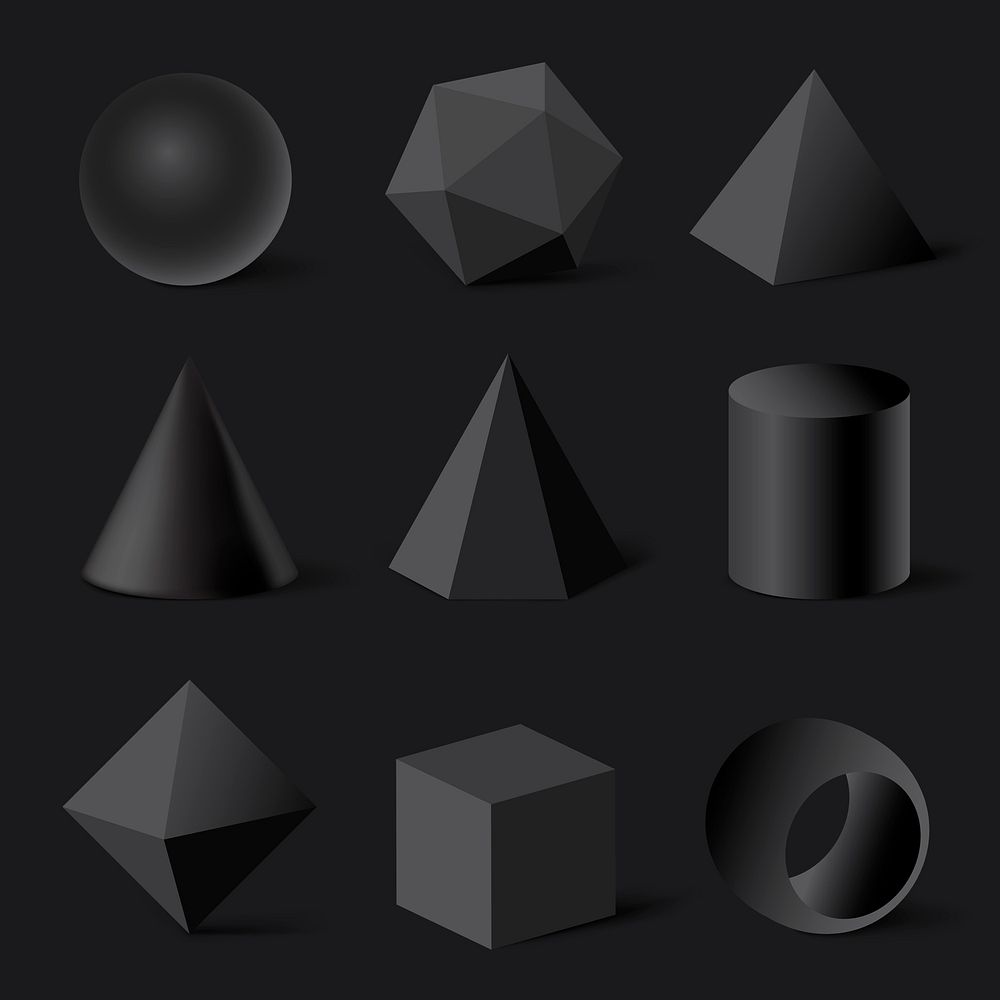 3D rendered geometrical shapes, black elements minimalist vector set