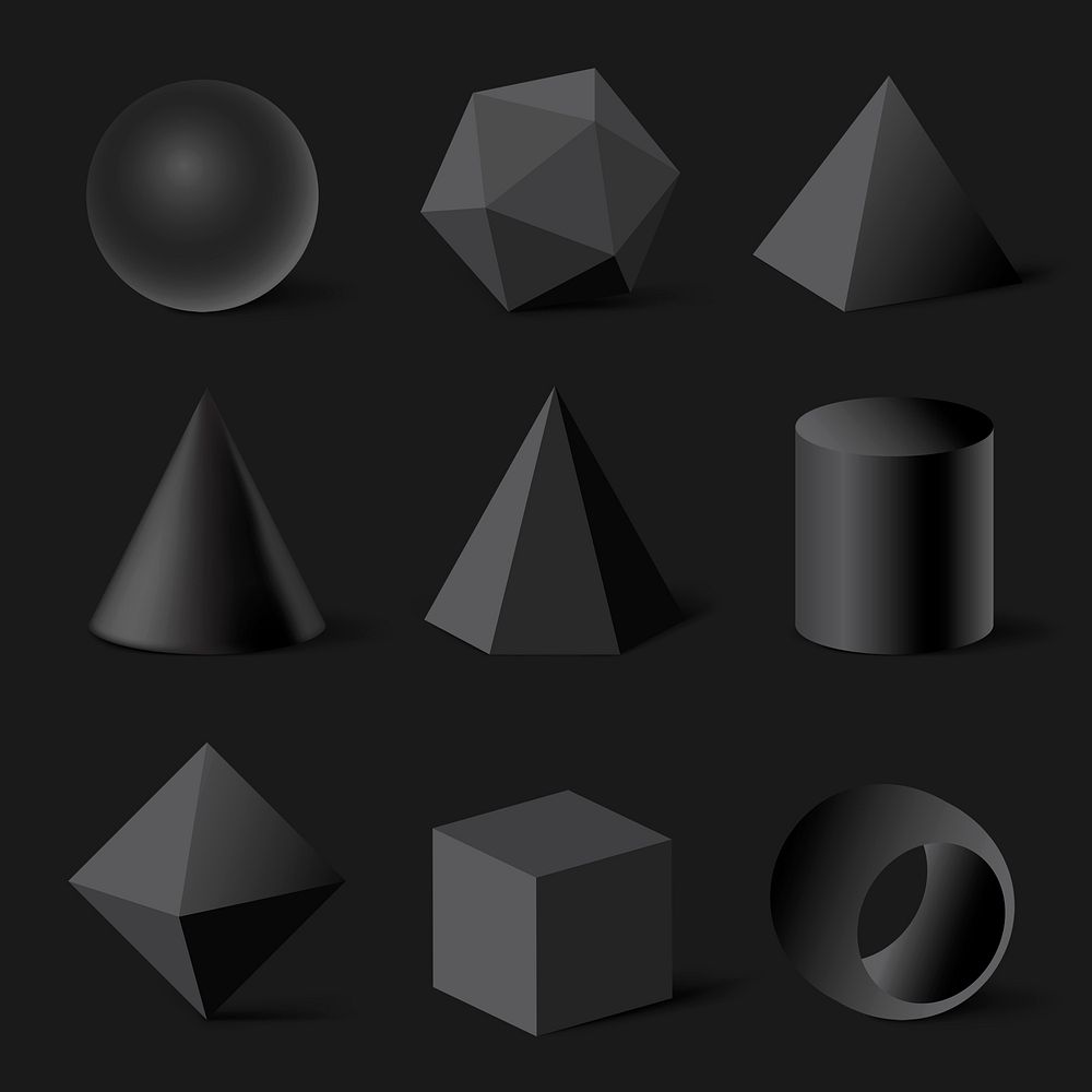 3D rendered geometrical shapes, black elements minimalist psd set
