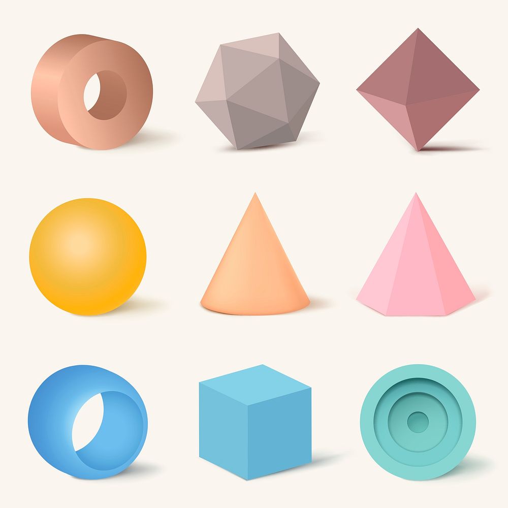 3D rendered geometrical shapes, pastel elements minimalist psd set