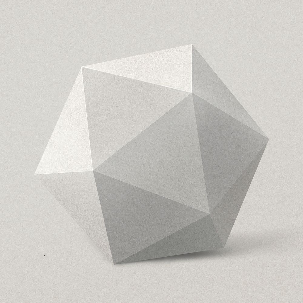 3D icosahedron element, geometrical shape in gray psd