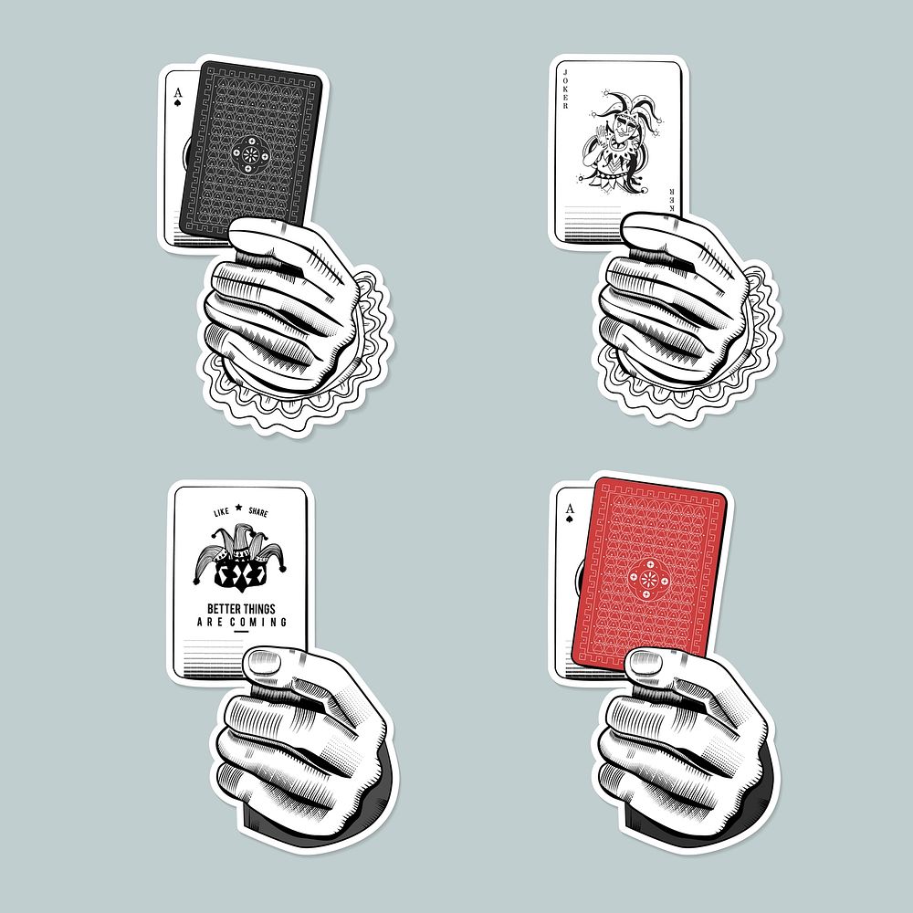 Holding casino playing card vector hand illustration set