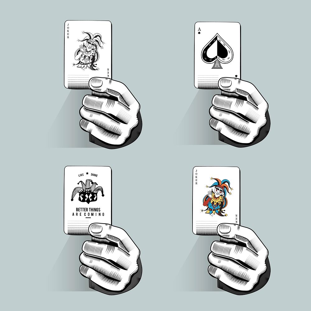 Holding playing cards vector illustration set