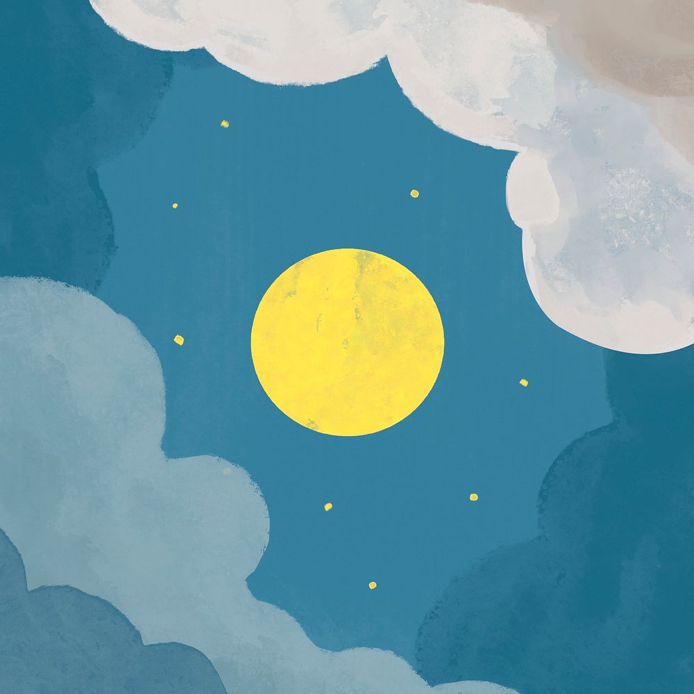Watercolor full moon instagram post, cloudy night sky psd