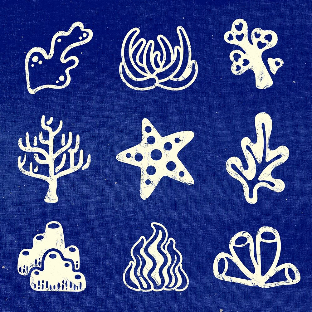 Underwater coral sticker, marine life psd set on blue background