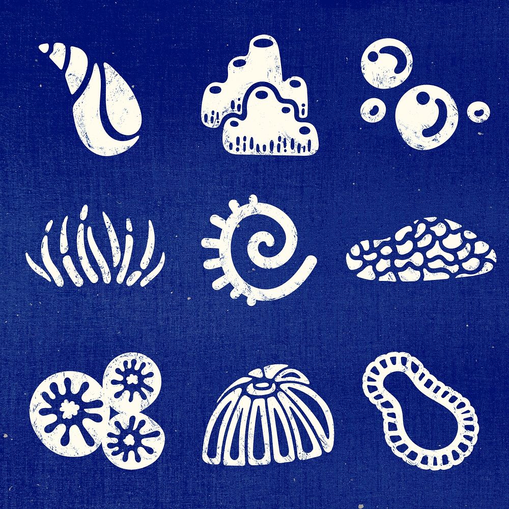 Sea life sticker, marine life collage element psd set in blue