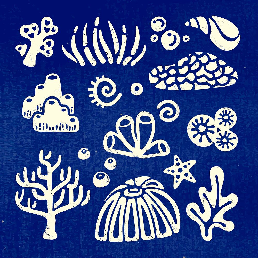 Underwater coral sticker, marine life vector set on blue background