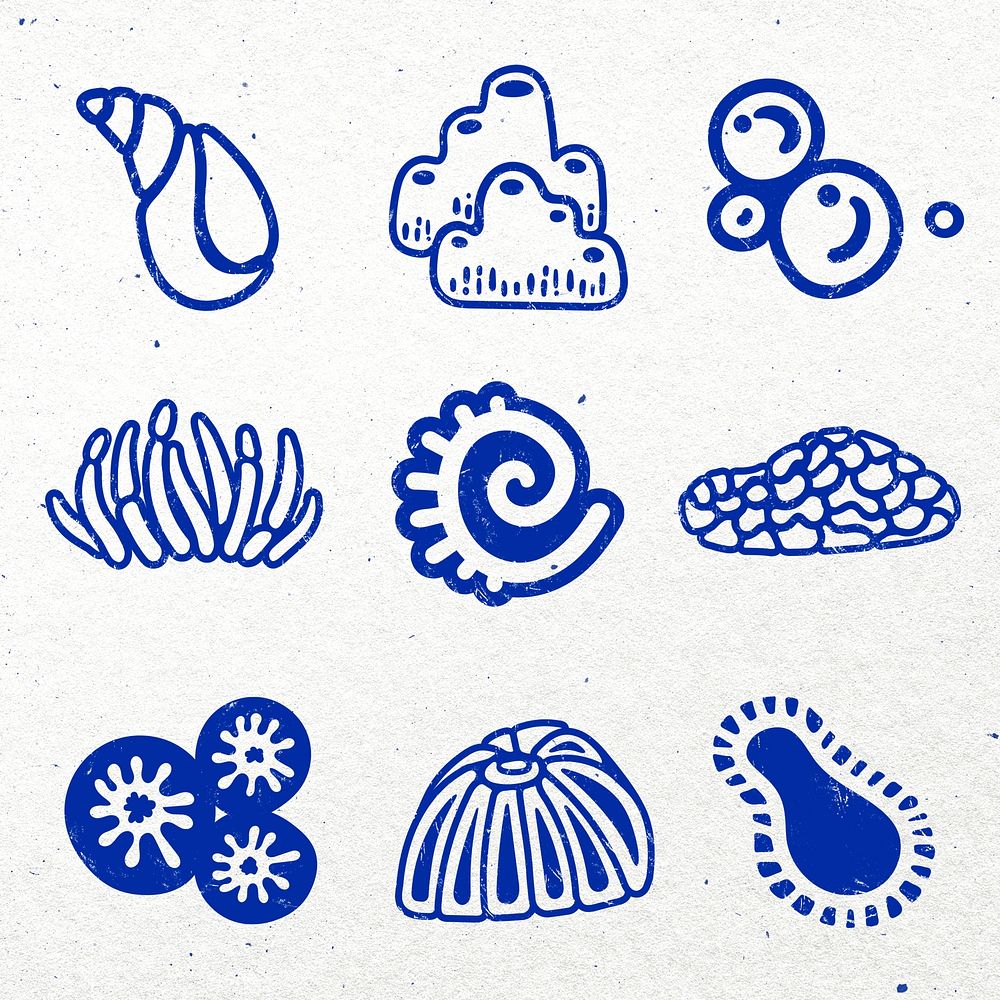 Sea life sticker, marine life collage element psd set in blue