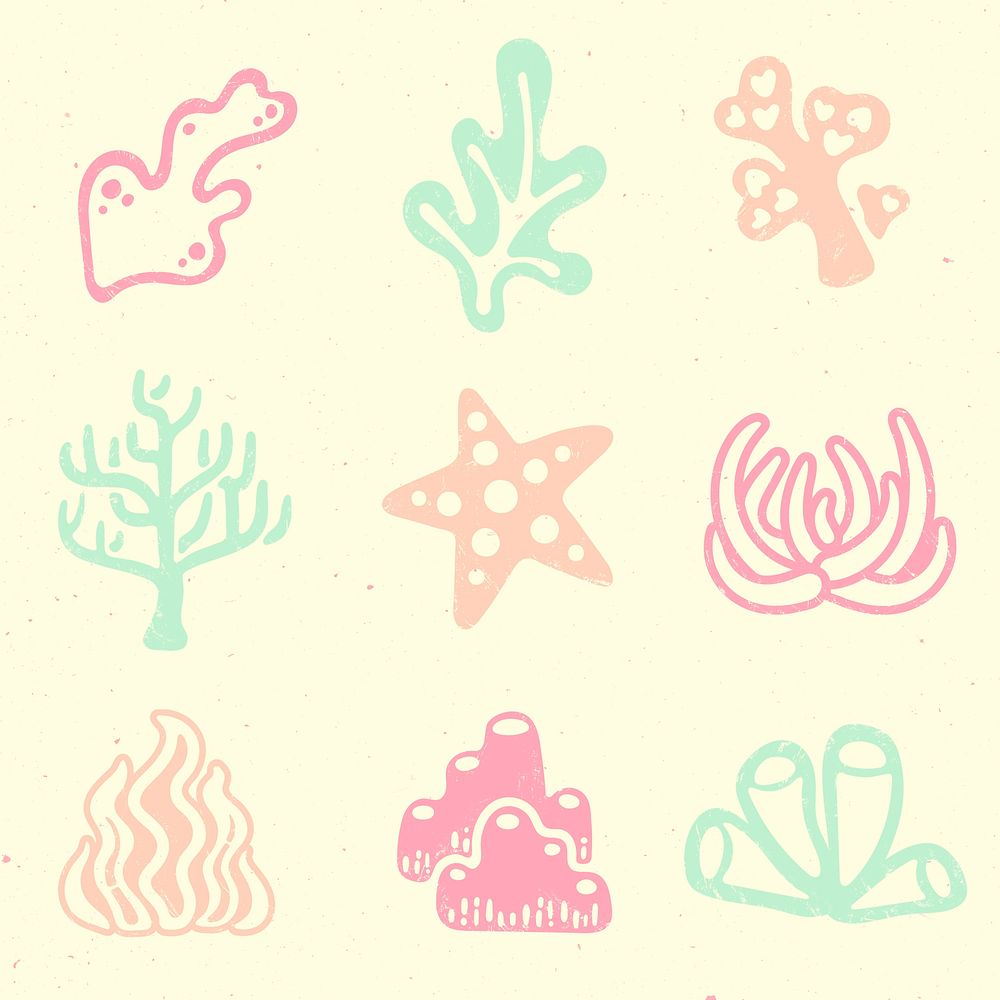 Sea life sticker, coral collage element psd in colorful pastel colors set