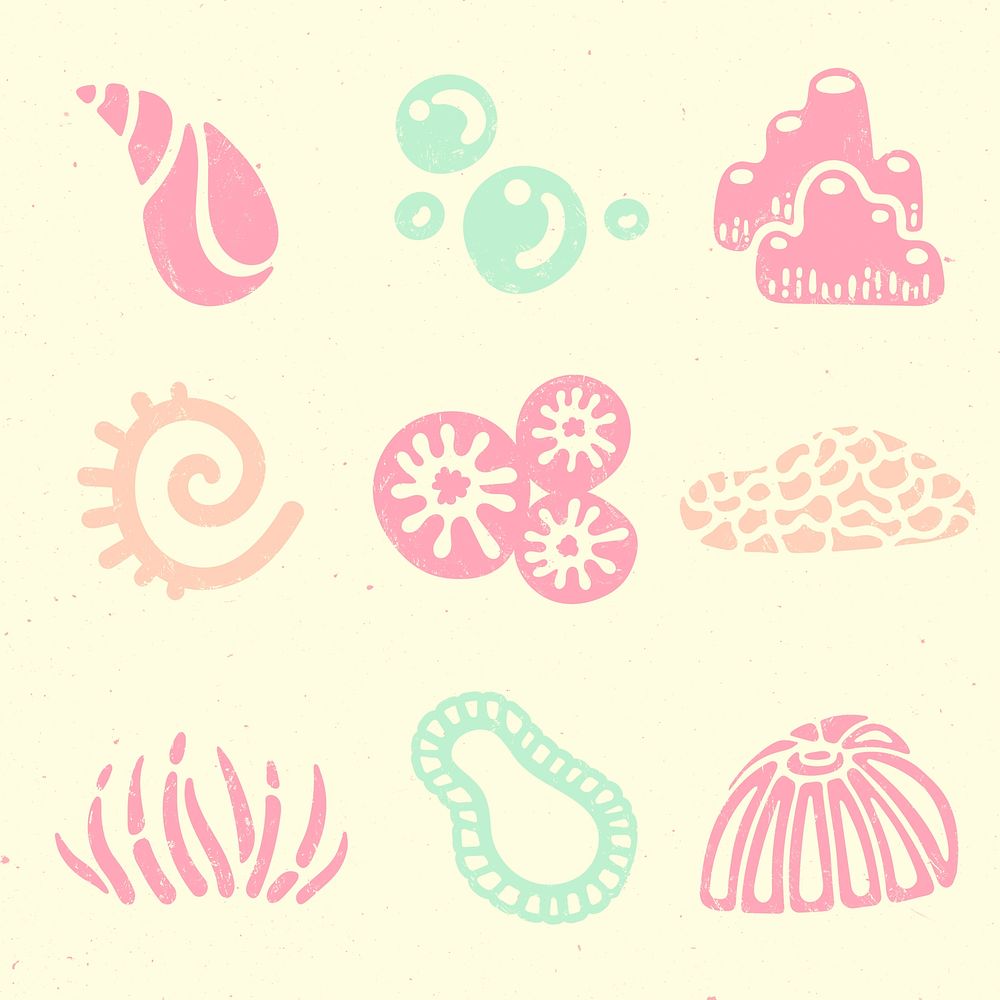 Sea life sticker, marine life collage element psd in colorful pastel colors set