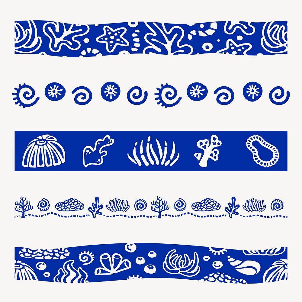 Sea coral pattern brush, blue border vector set, compatible with AI