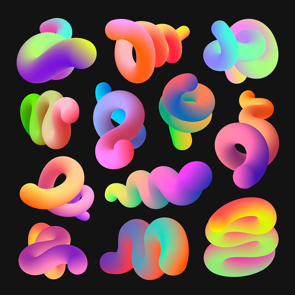 Abstract 3D fluid shape clipart, colorful gradient design vector set