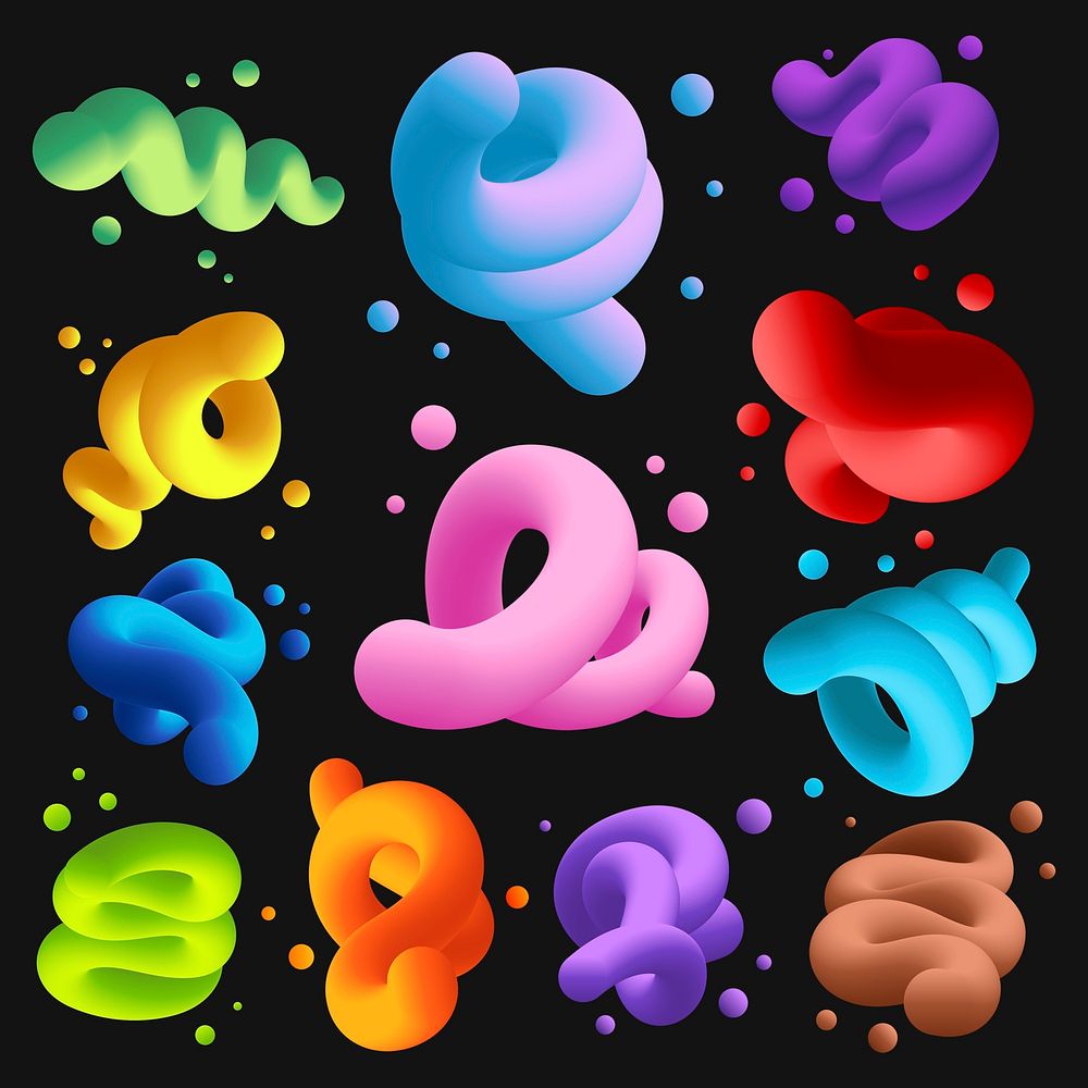 3D abstract fluid shape, colorful twisted  clipart psd set