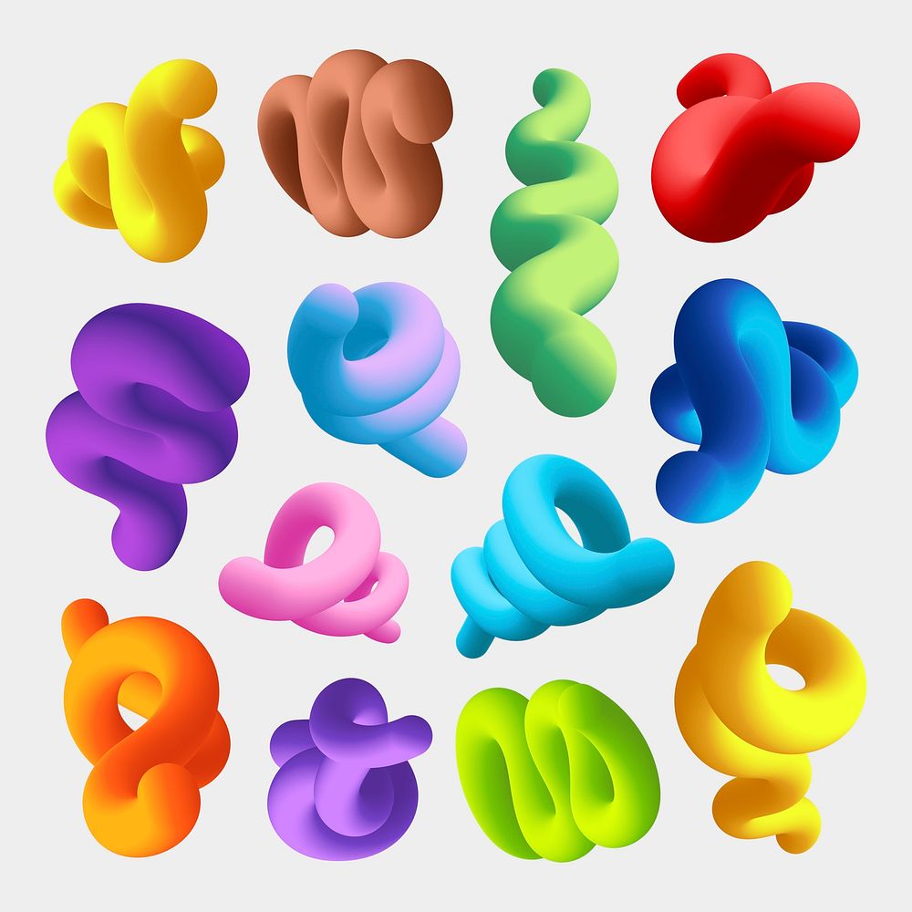 3D abstract fluid shape, colorful twisted  clipart psd set