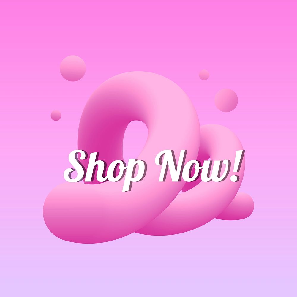 Shop now! badge template, pink 3D abstract psd