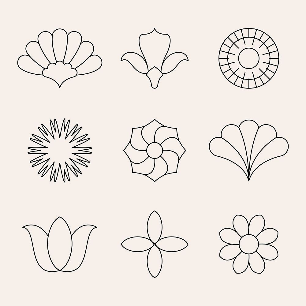 Flower ornament stickers, simple black graphic illustration, collage element set vector