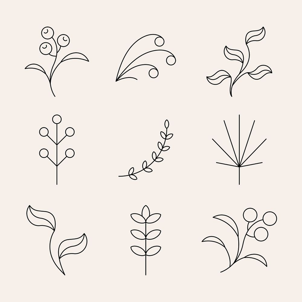 Plant ornament stickers, minimal botanical design, collage element set psd