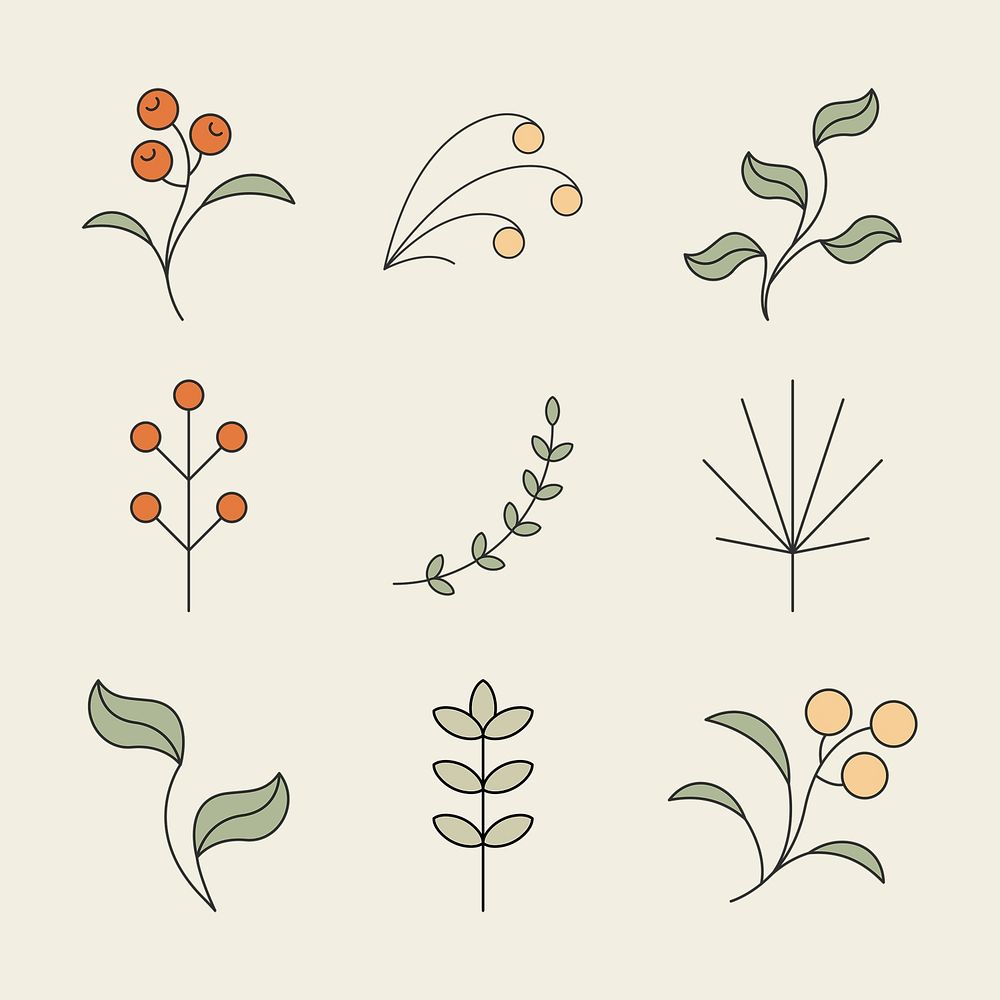 Leaf ornaments, simple botanical collage element set psd