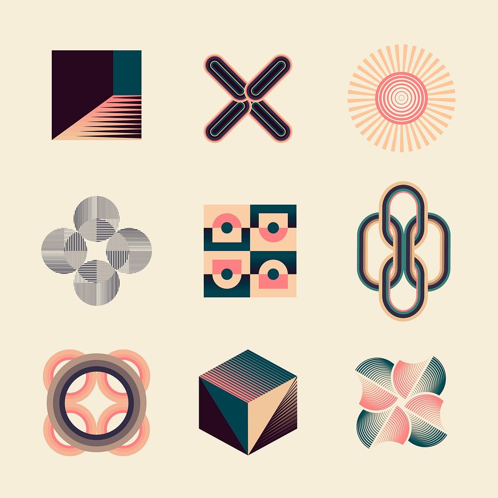 Modern art deco stickers, geometric abstract shapes, design set vector