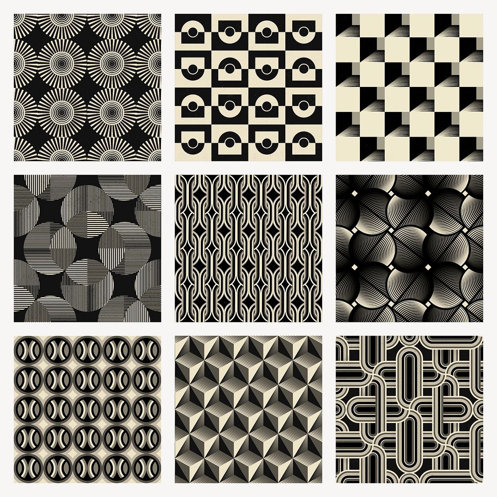 Abstract geometric pattern set, black & white seamless designs psd