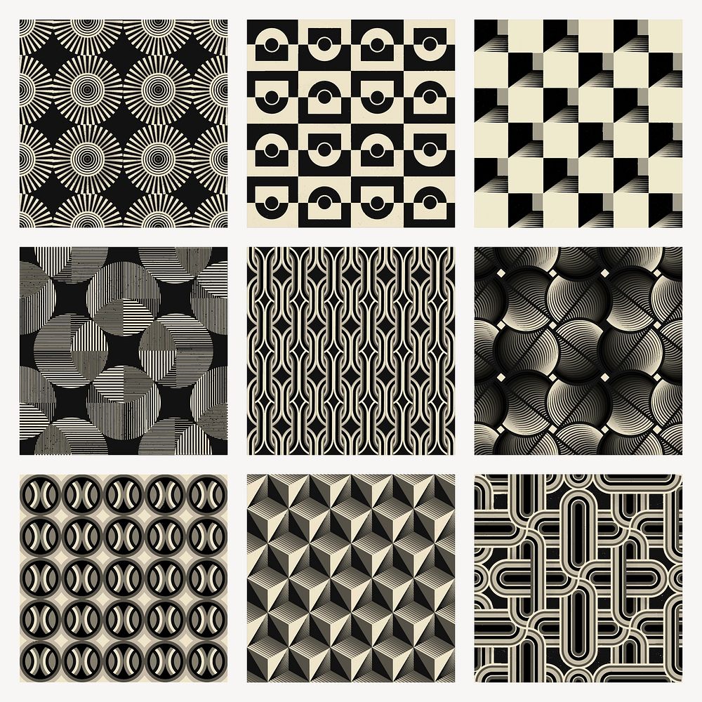Geometric black patterns set, abstract modern art deco backgrounds vector