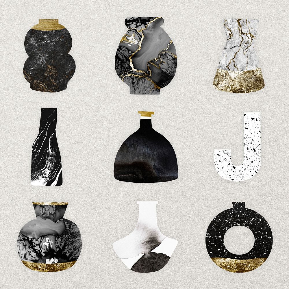 Aesthetic kintsugi vase clipart, gold pottery, home decor objects psd set