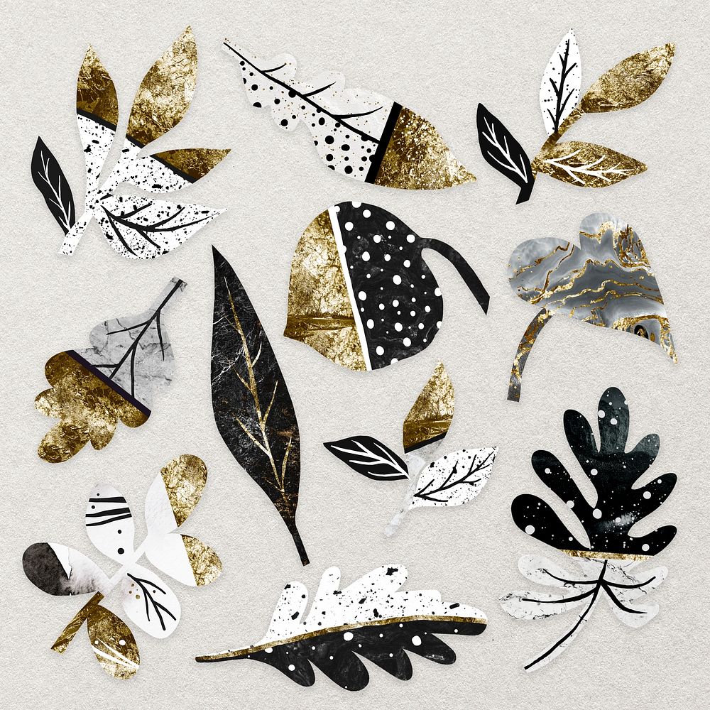 Abstract leaf nature clipart, gold foil design psd set