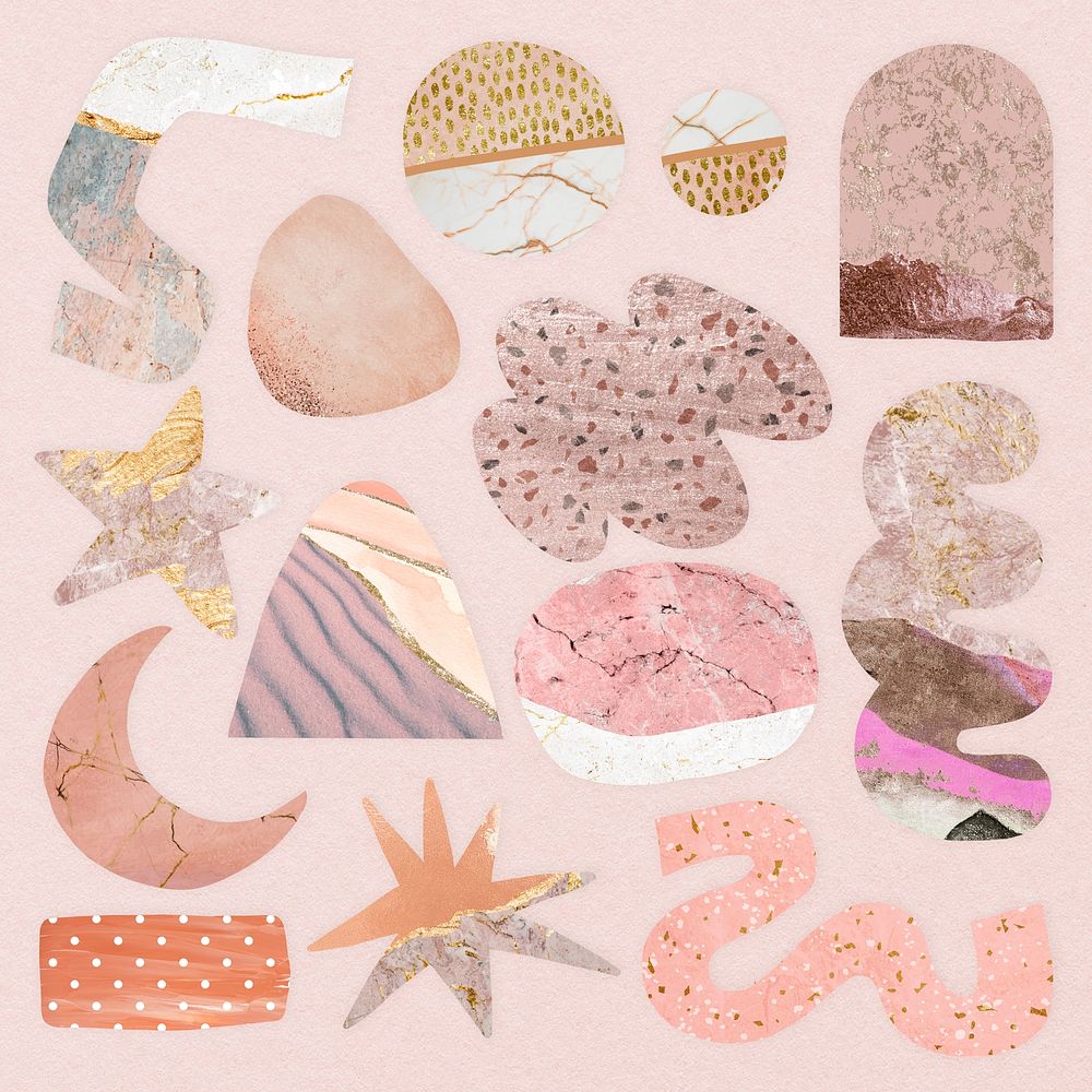 Abstract shape sticker, pink and gold aesthetic design psd set