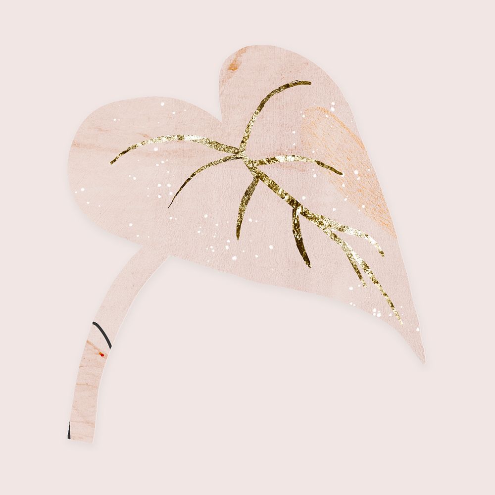 Watercolor leaf textured sticker, pink nature graphic psd with gold design