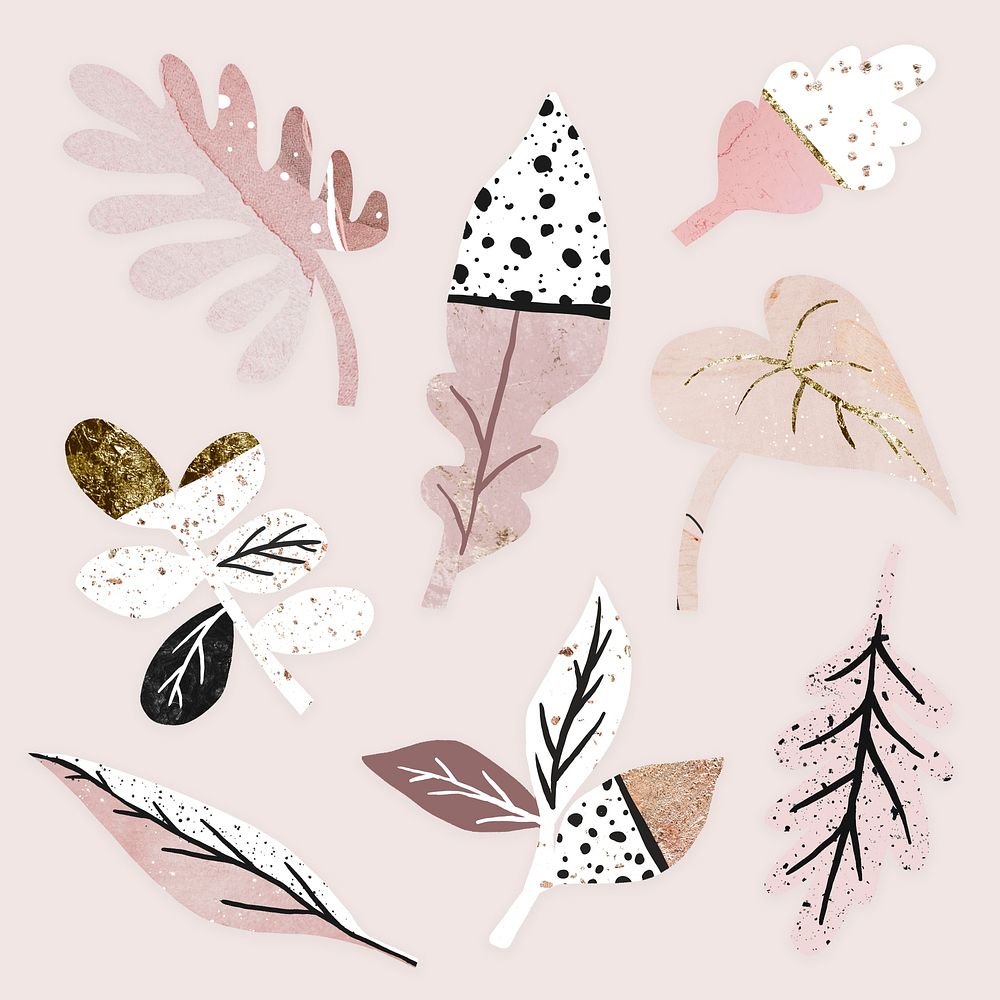 Aesthetic leaf nature sticker, pink abstract design psd set