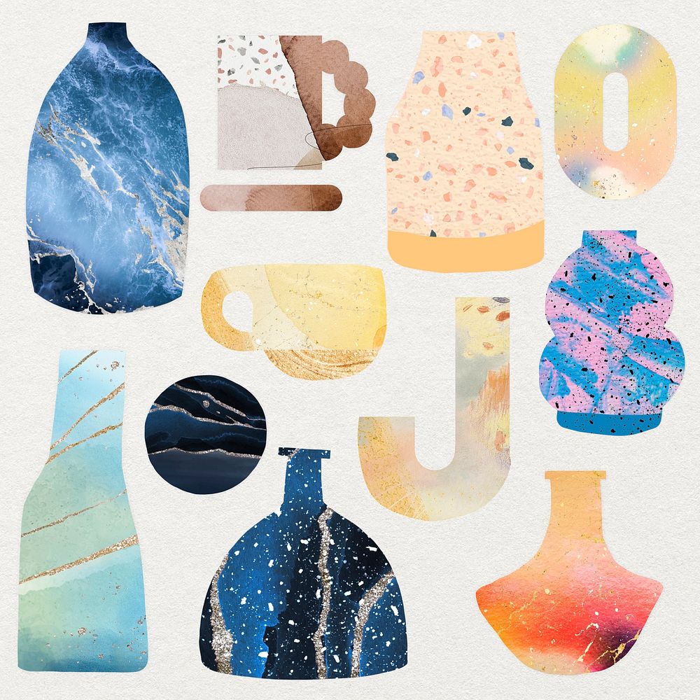 Aesthetic vase clipart, marble abstract, colorful pottery design psd set