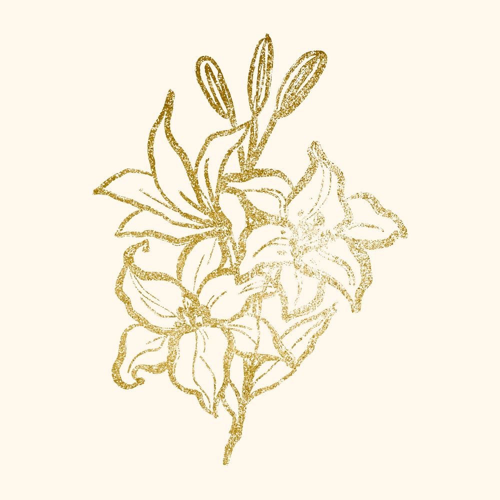 Lilies collage sticker, botanical gold line art, simple illustration vector
