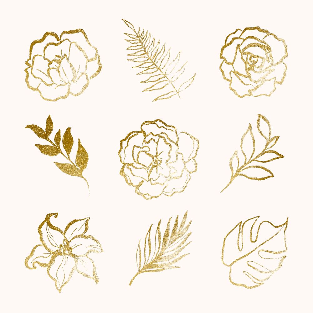 Gold flower stickers, simple line art, collage elements for bullet journal set vector