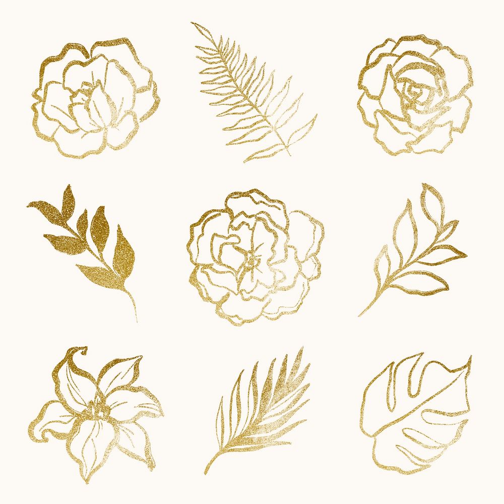 Flower line art stickers, simple gold collage elements for scrapbook set psd