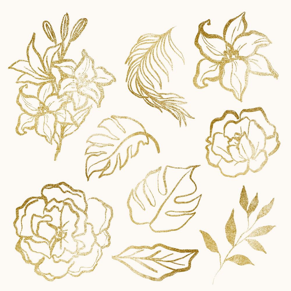 Aesthetic gold flower collage stickers, minimal line drawing style set psd