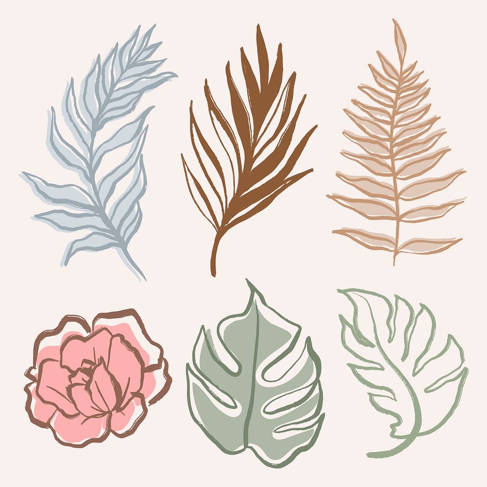 Vintage floral stickers, minimal line art style set psd