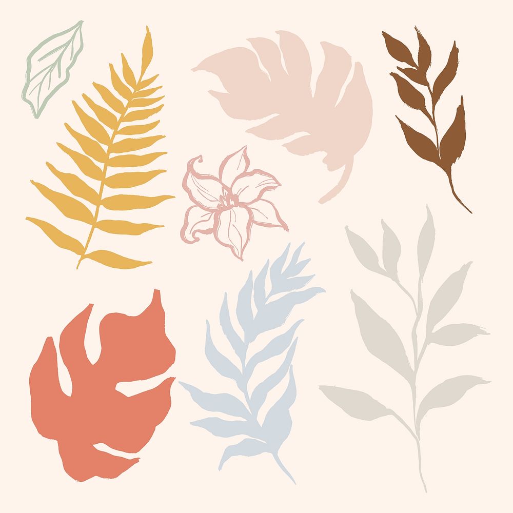 Leaf collage stickers, flower and plant pastel line drawing, simple illustration set psd