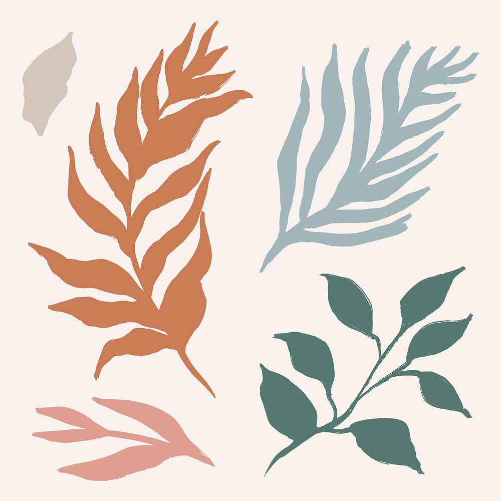 Leaf collage stickers, plant pastel line art, simple illustration set psd