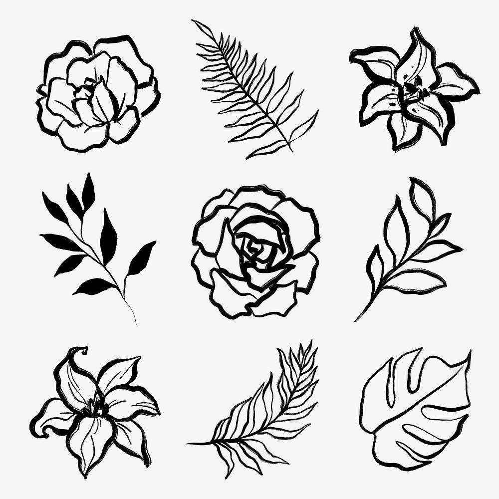 Floral collage elements, flowers and leaves black line drawing, minimal illustration set psd