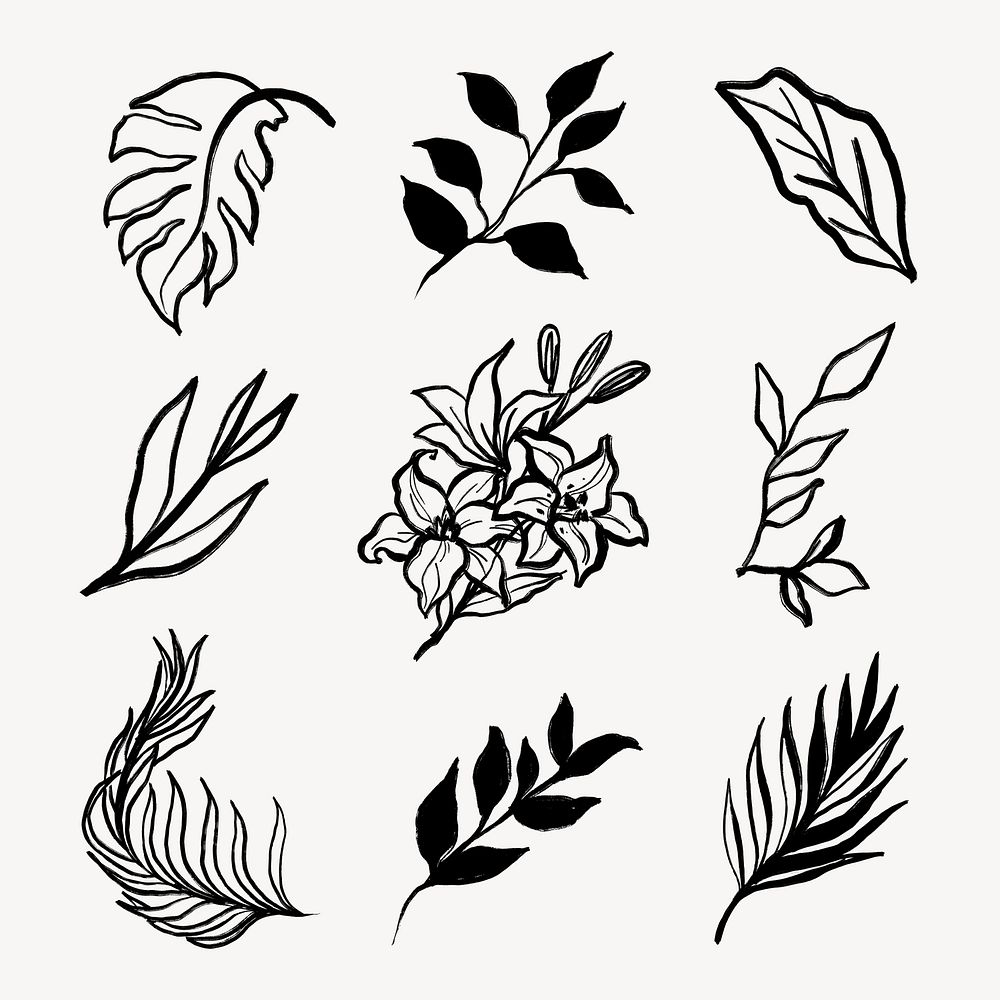 Aesthetic botanical stickers, flowers and leaves black line art, minimal graphic design set for wedding cards psd
