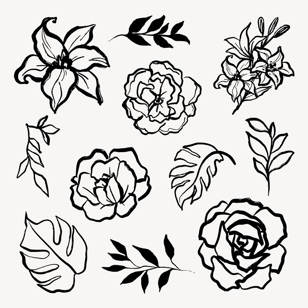 Simple botanical stickers, floral and leaves black line drawing, minimal graphic design set for wedding cards vector
