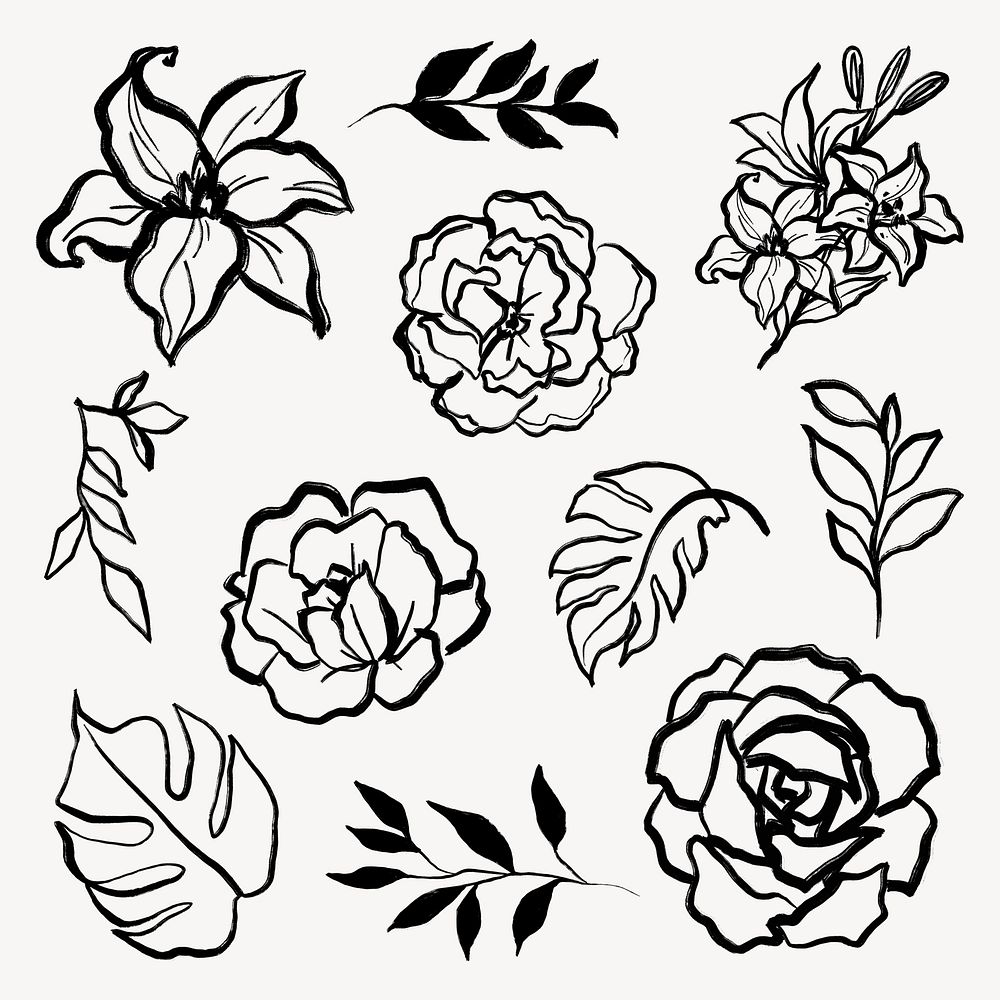 Minimal botanical stickers, flowers and leaves black line art, simple graphic design set for wedding cards psd