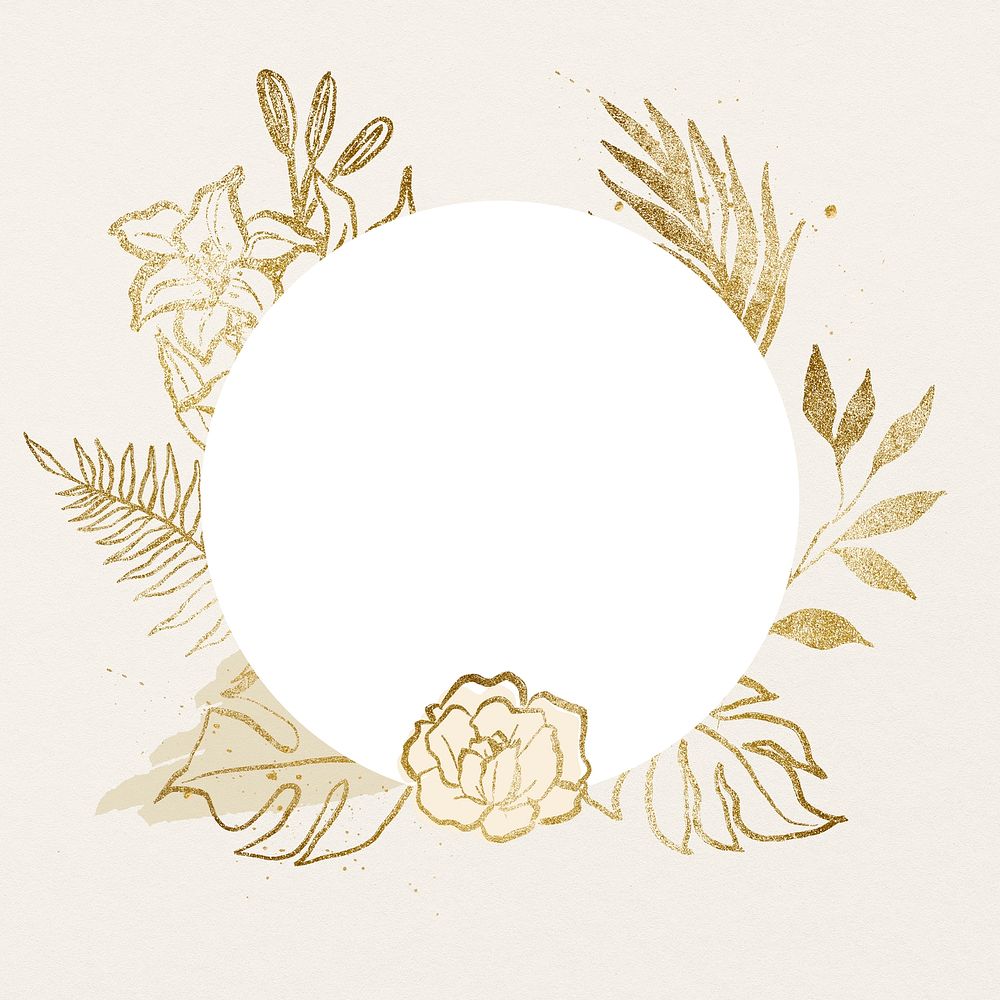 Aesthetic flower frame, gold floral line drawing illustration for Valentine's card psd