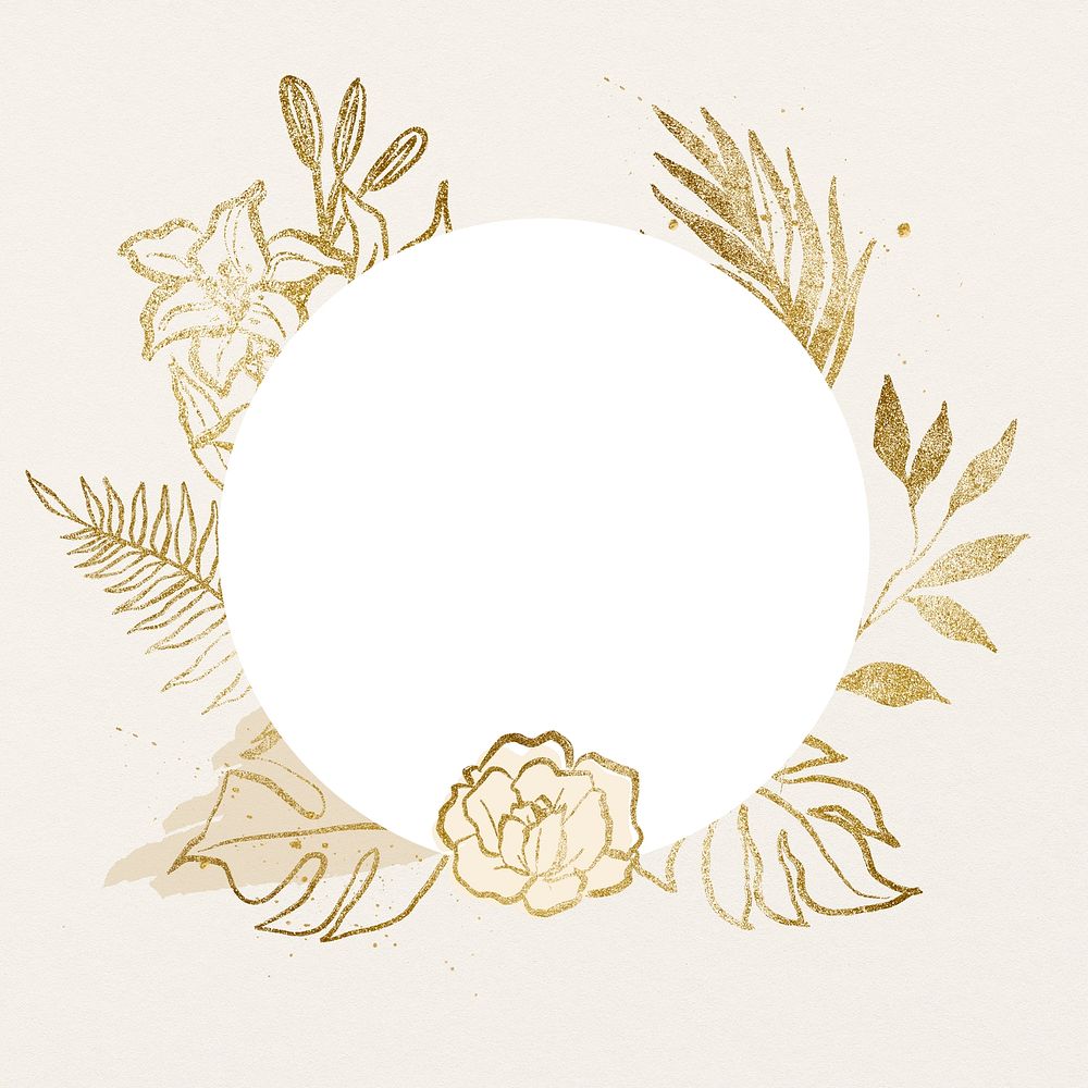 Circle flower frame, gold floral line drawing illustration for Valentine's card