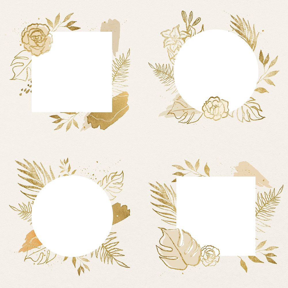 Wedding card frame, aesthetic gold flower design, minimal line drawing style badge set psd