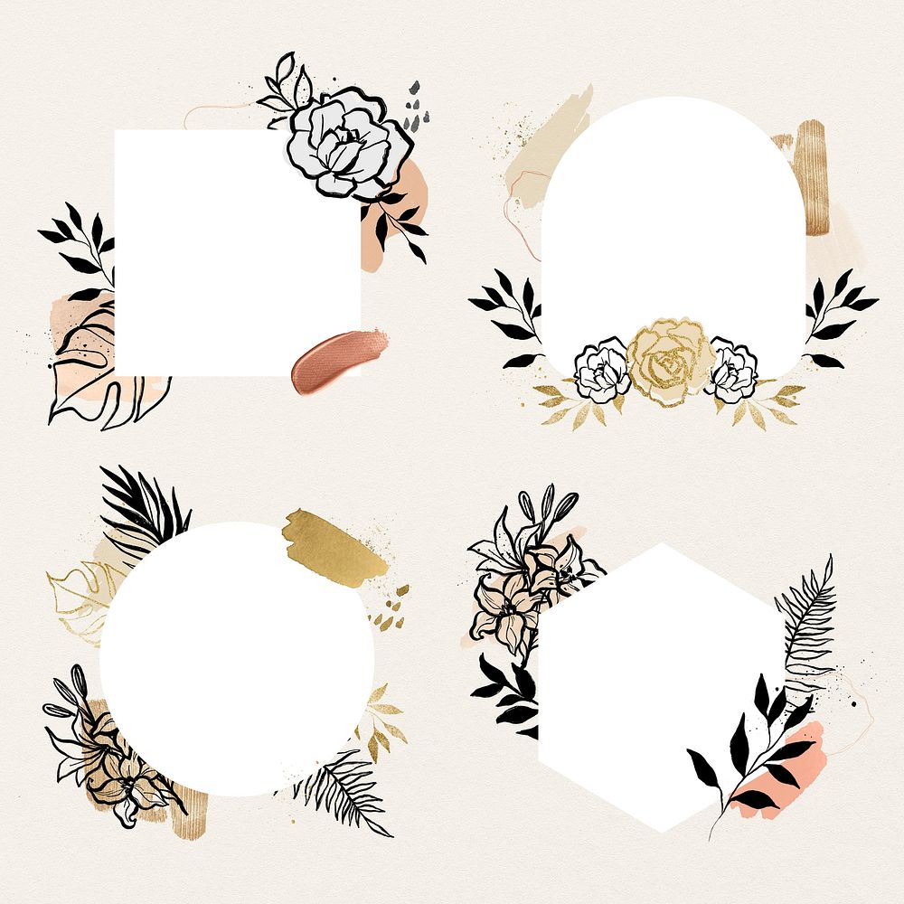 Wedding card frame, aesthetic flower design, minimal line drawing badge collage element set psd