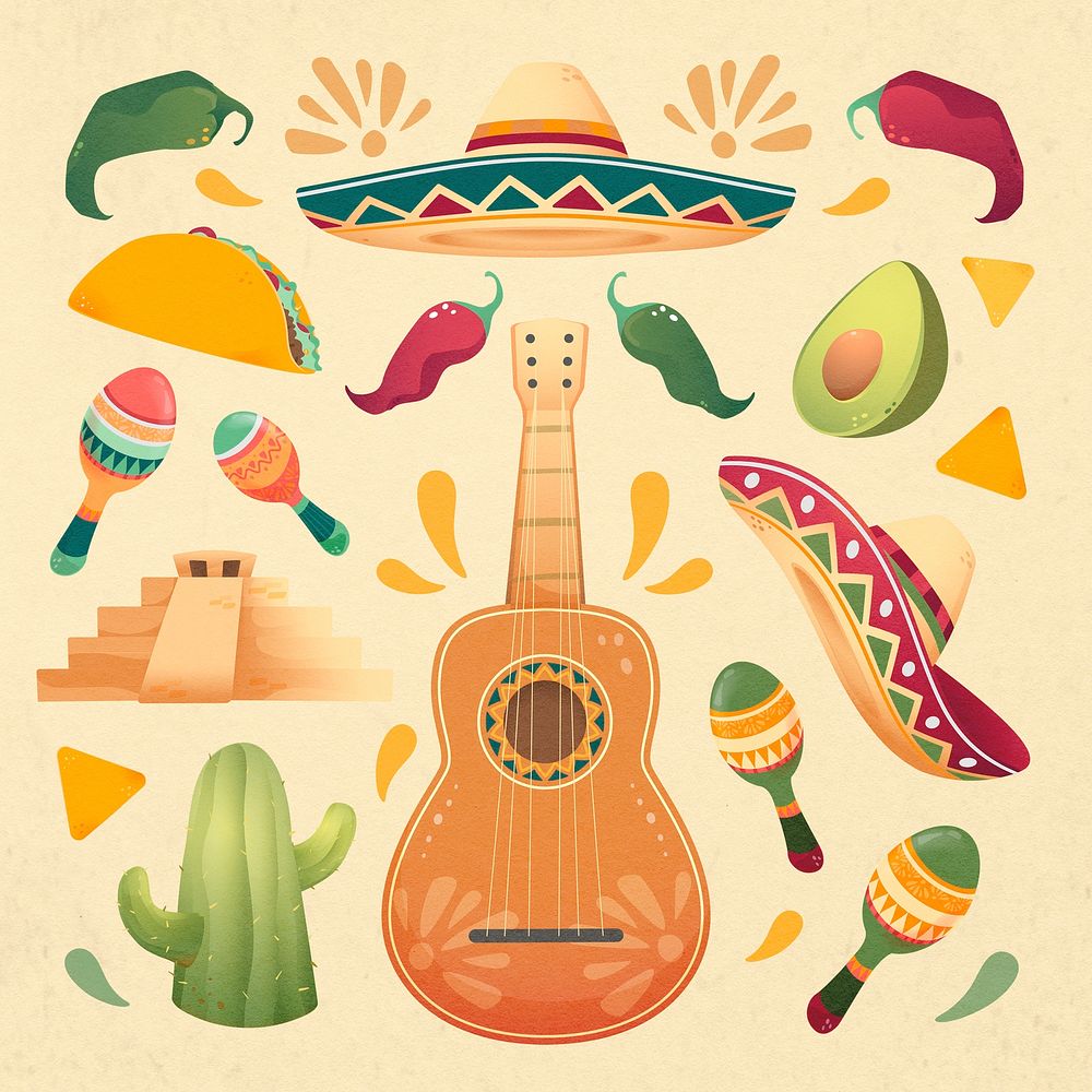 Mexican tradition stickers, colorful doodles set psd