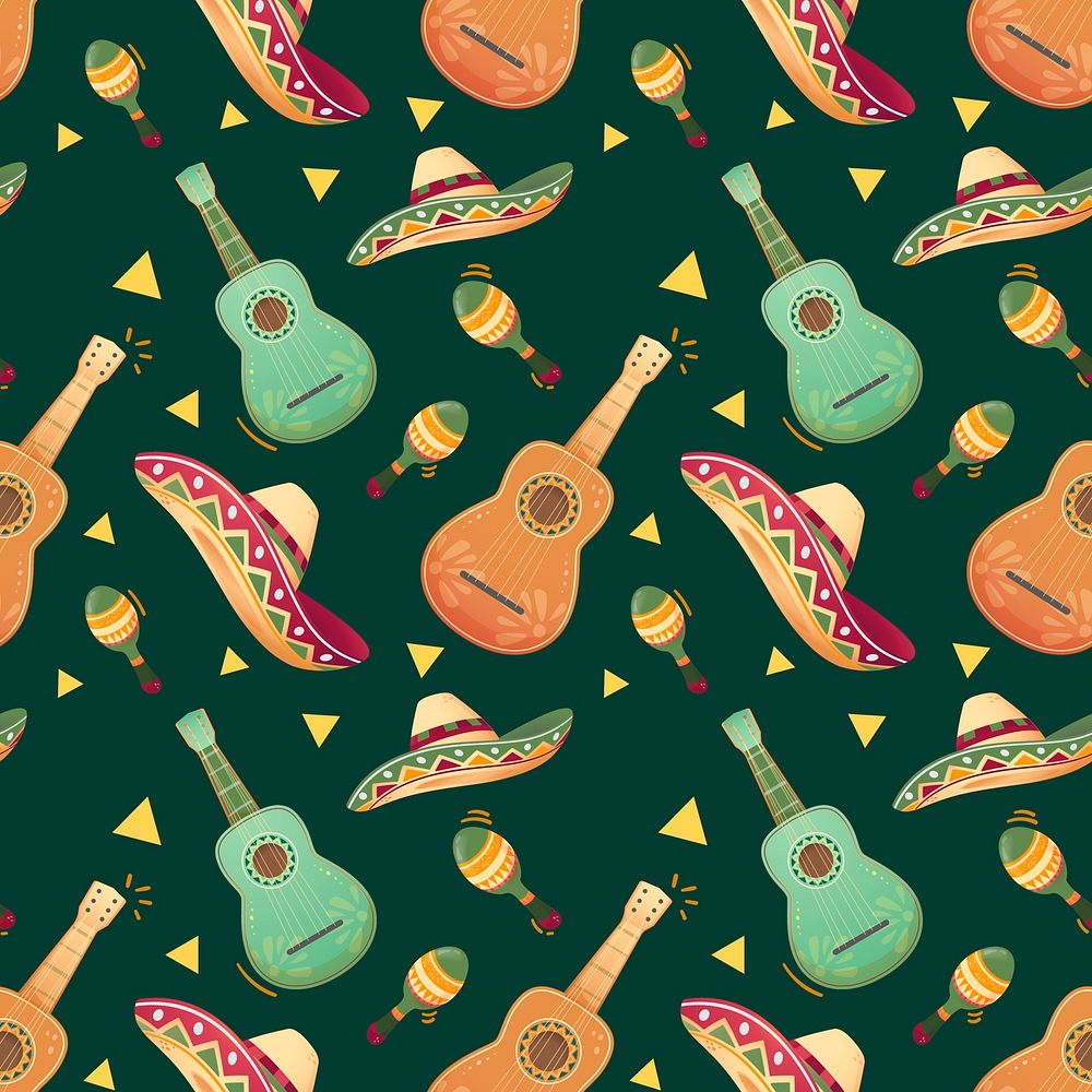 Green Mexican guitar seamless pattern background psd