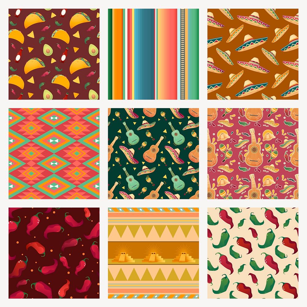 Mexican seamless pattern backgrounds, cute design set vector